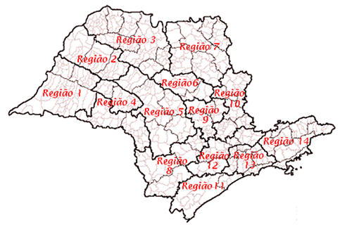Mapa histórico do Estado de São Paulo dividido em 14 regiões